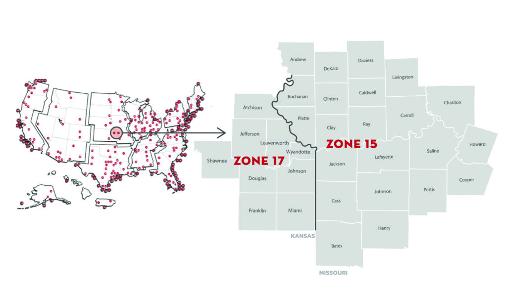 On the left: Map of the United States that plots all the active FTZs and then on the right: map of counties in Kansas and Missouri in Zones 15 and 17.