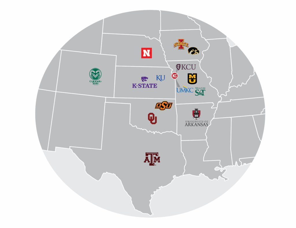 Map showing major Ag universities in the larger Kansas City region and surrounding states