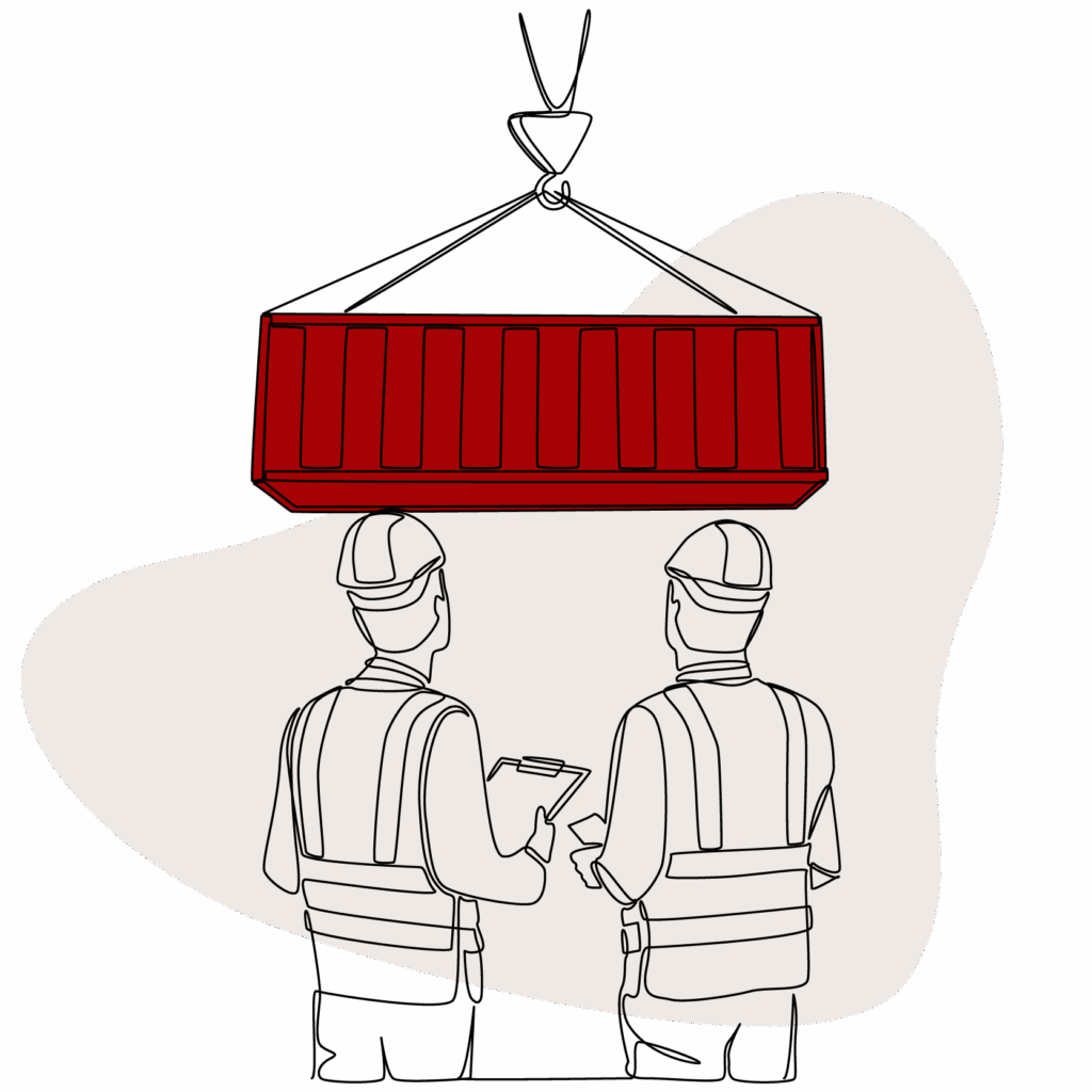 Illustration of shipping container being lowered with workers watching