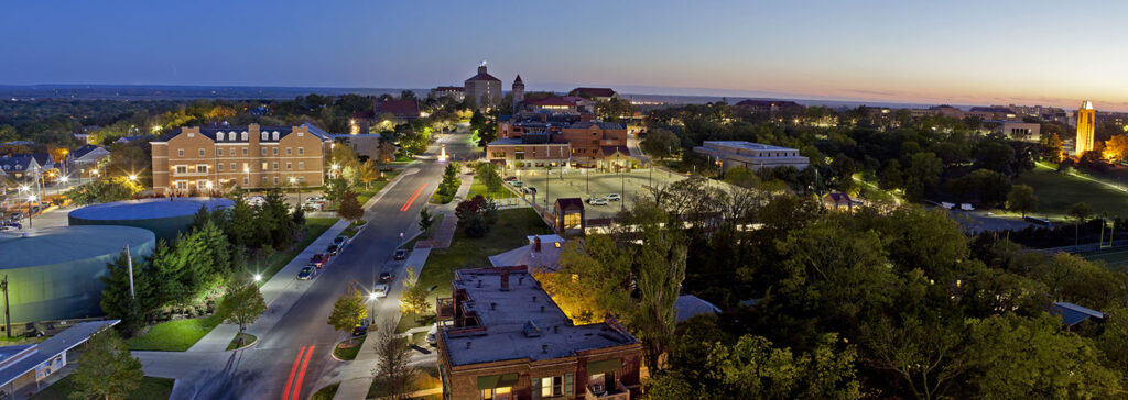 Wide shot of the University of Kansas campus at sunset