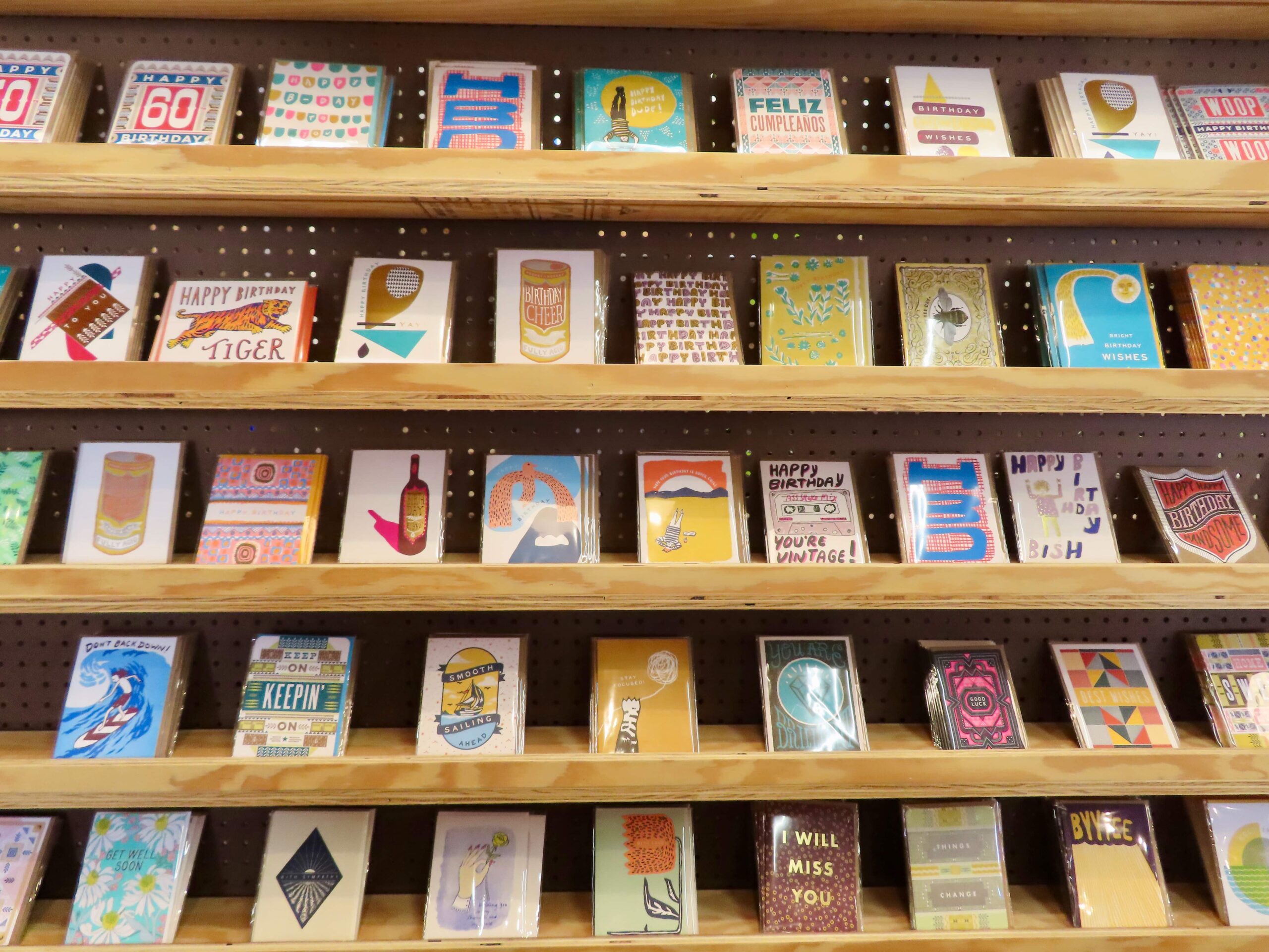 A wall of greeting cards at Hammerpress.