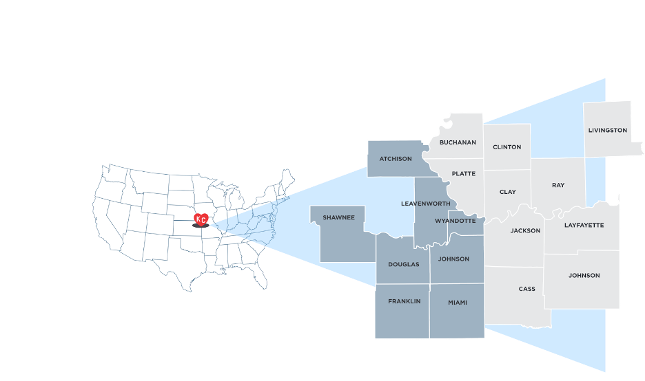 Map of the KCADC KC Region footprint next to a relational map of the U.S. showing where KC is located