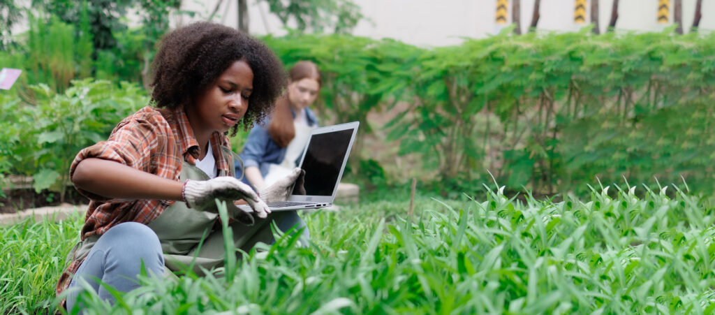 Two people in a field with laptops studying what's in the field