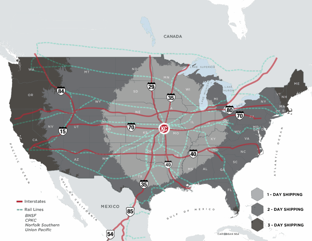 Map of North America with and overlay of North American interstates and railway lines that converge in Kansas City