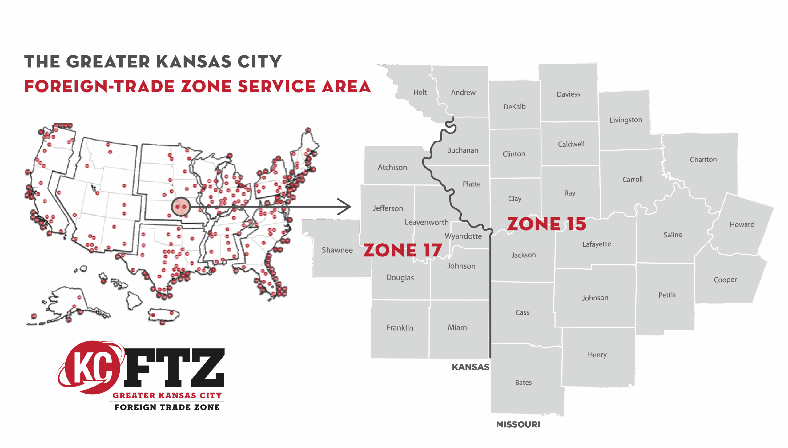 Relational map of the U.S showing FTZs and then a pop out of the zones that the Greater KC FTZ operates in the KC region