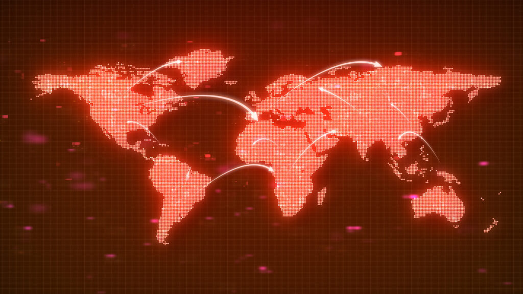 Glowing global map showing connecting lines between continents showing global investment
