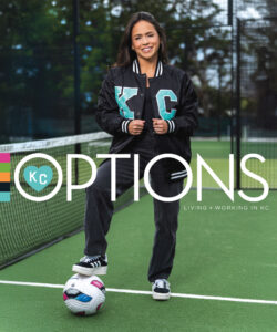KC Options 2026 Cover - Image of Lo'eau LaBonta in KC jacket with soccer ball at foot