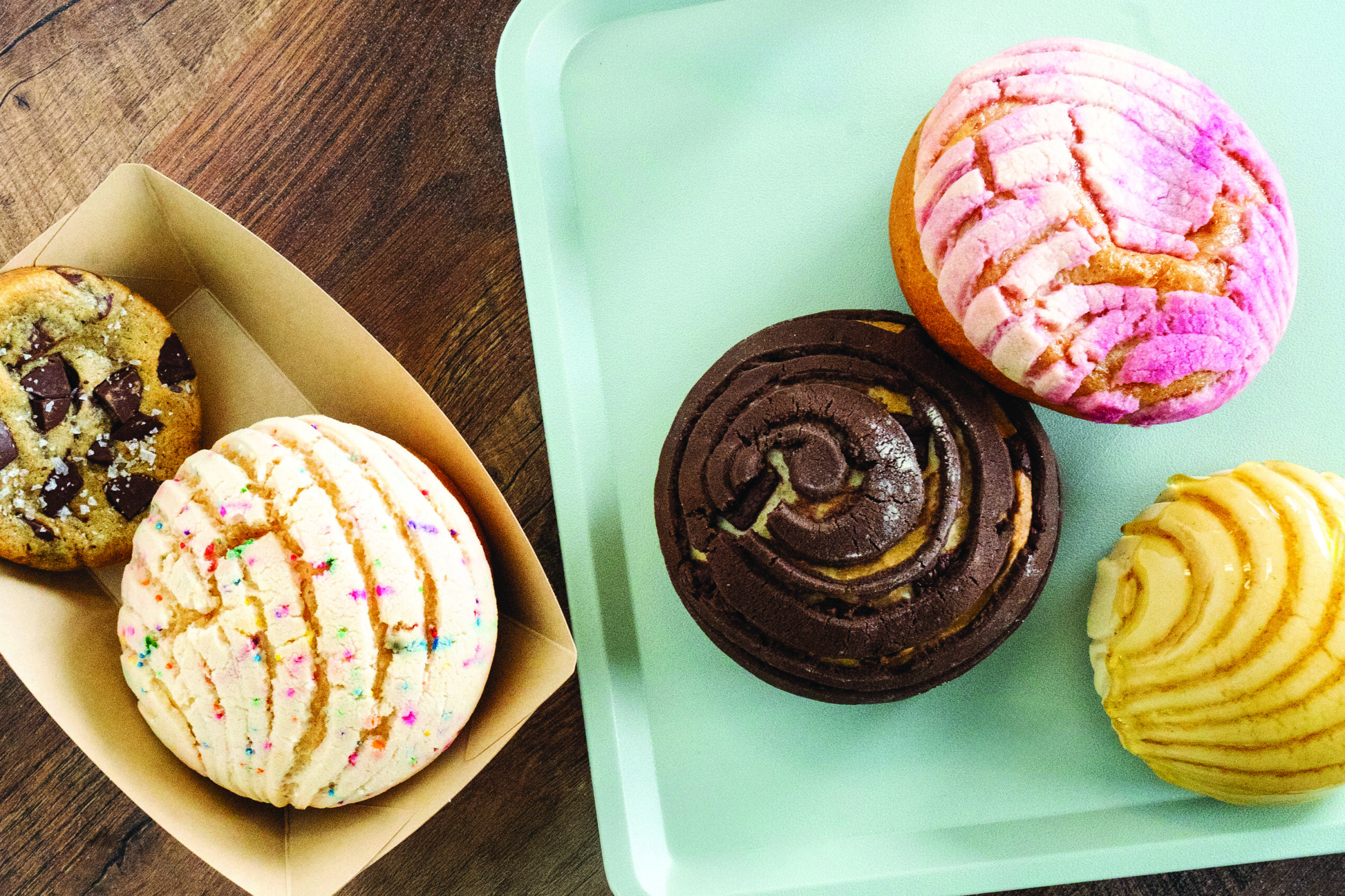 Pastries on a tray from Aurora Bakery.