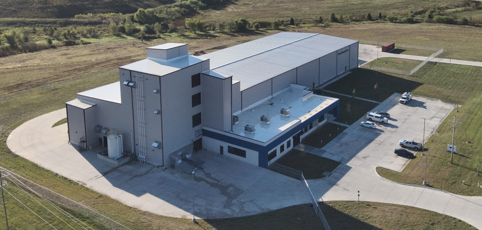 Industrial building with a parking lot