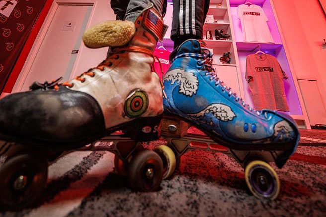 Two brightly colored rollerskates