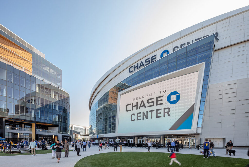An exterior shot of the Chase Center.