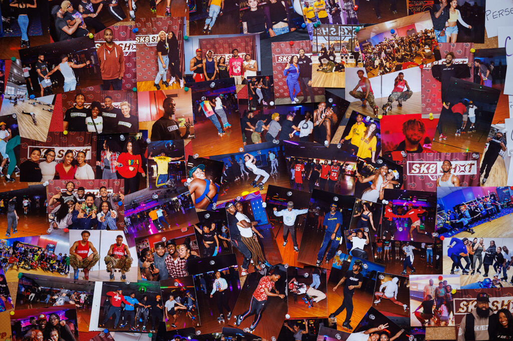 A collage of photos featuring roller skaters.