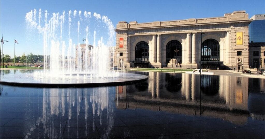 Union Station exterior with fountain in front