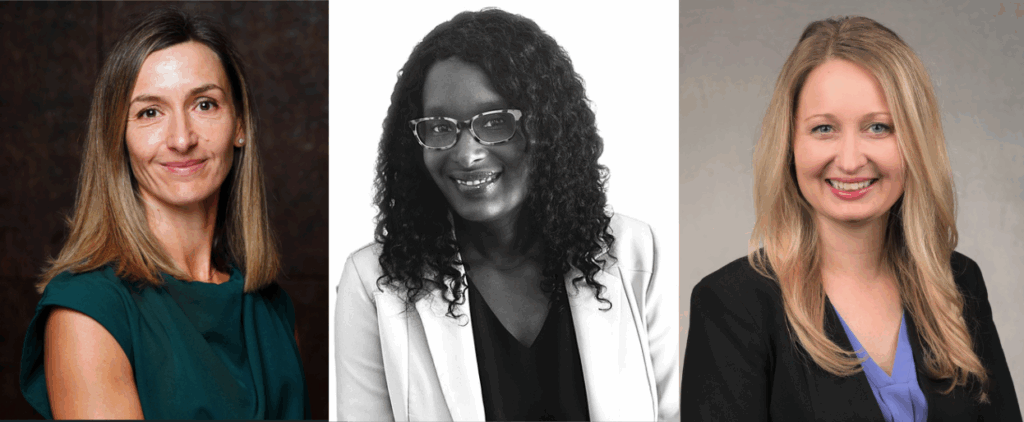 Headshots of  Fiona Rey of Elanco, Dr. Fatou Sow of Boehringer Ingelheim and Dr. Jill Stohs of Dechra
