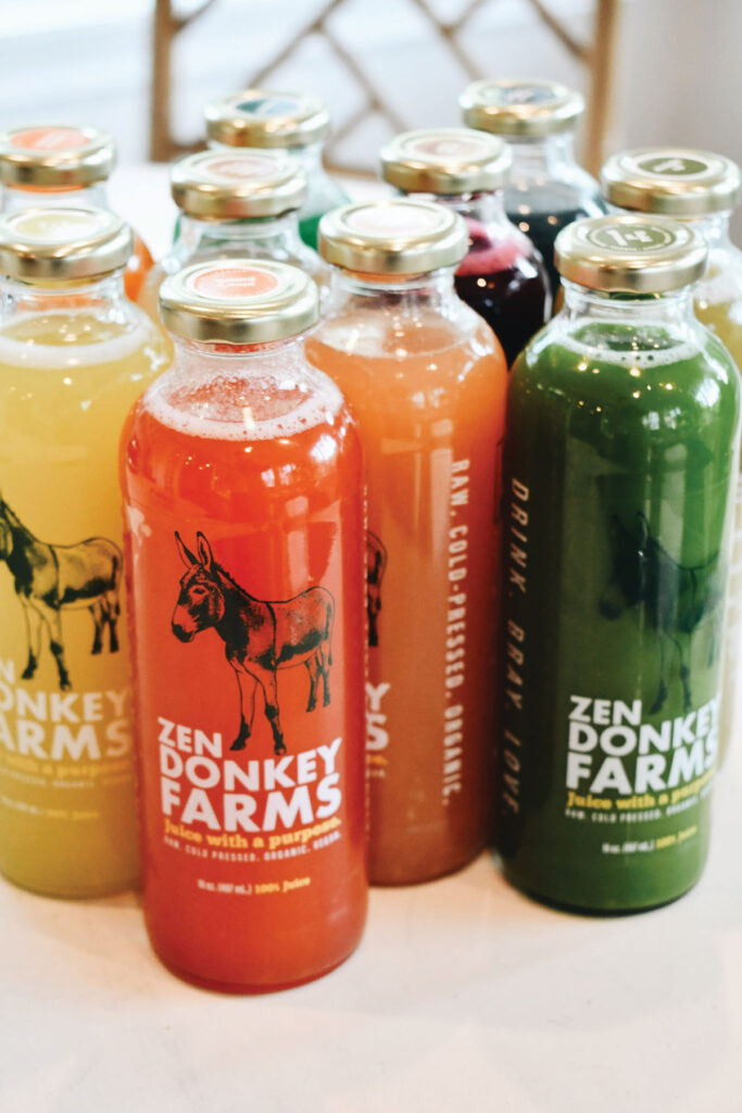Bottles of juice from Zen Donkey Farms. 