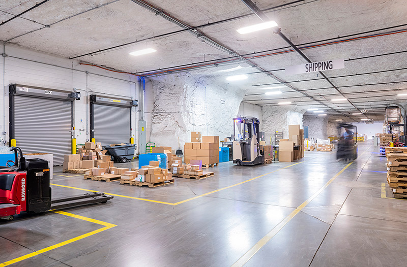 Ceva's underground warehouse in SubTropolis, showing pallets, boxes and docks
