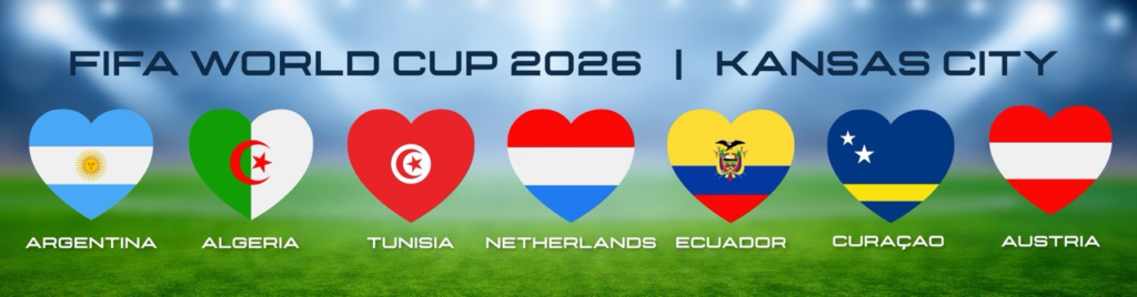 FIFA World Cup 2026 | Kansas City, Hearts in colors of national flags for: Argentina, Algeria, Tunisia, Netherlands, Ecuador, Curacao, Austria