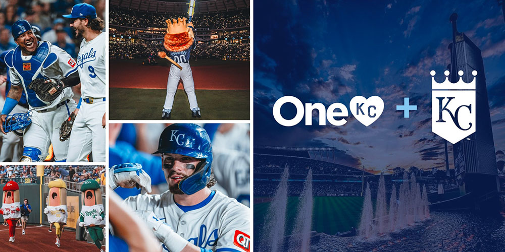 OneKC + KC Royals logo | Royals baseball players in uniform, mascot in front of a crowd, Kauffman stadium fountains