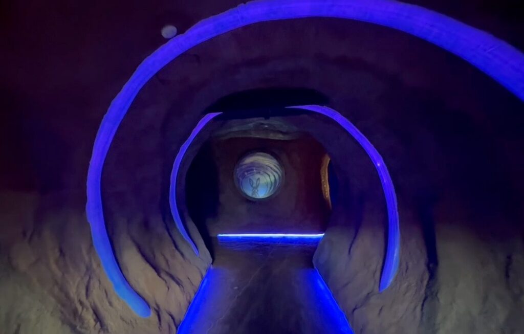 Dark tunnel with a purple spiral on the walls, leading down to a display with a rabbit silhouette. 