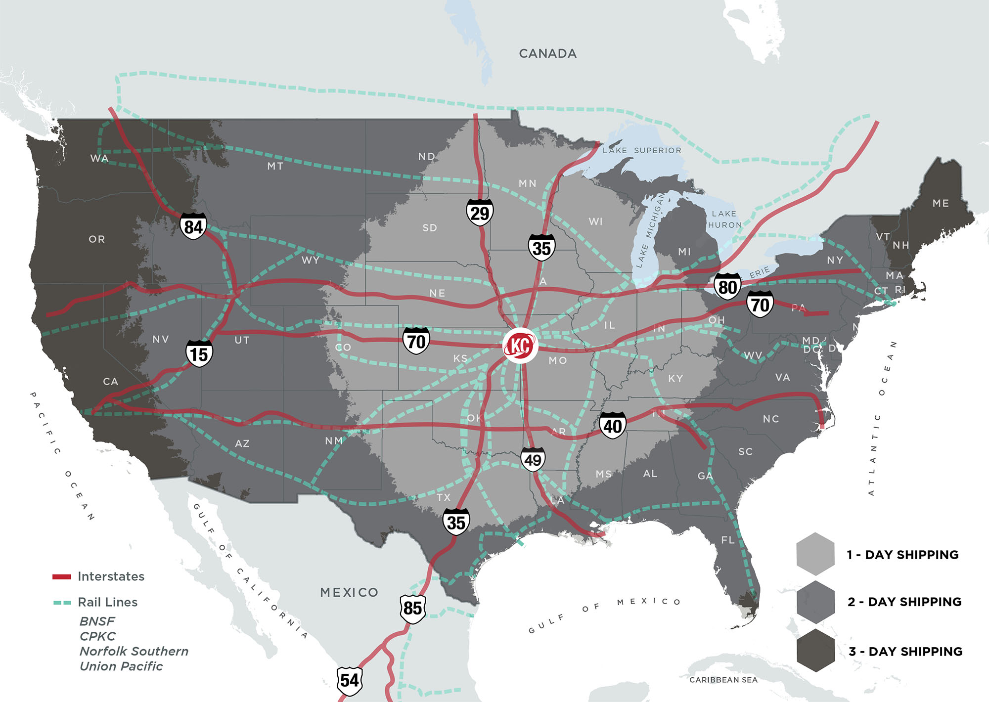 Map of North America with an overlay of North American interstates and railway lines that converge in Kansas City