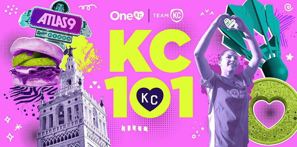 OneKC | TeamKC KC 101, images of Atlas9 sign, Plaza building, KC current player, Nelson-Atkins Museum of Art shuttlecock sculpture, burger, KC heart sculpture